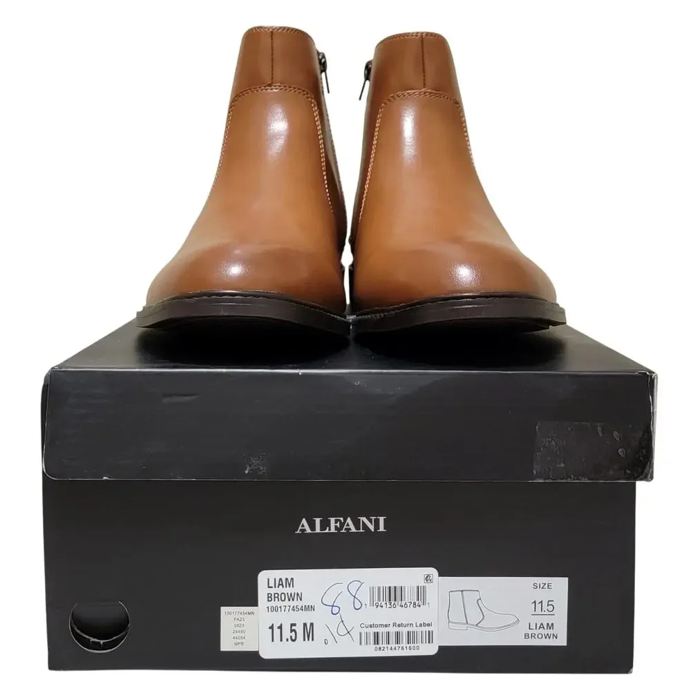 Alfani Men Liam Side Zip Dress Boots Size US 11.5M Brown Faux Leather